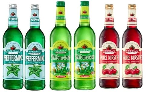 6 Flaschen Nordbrand Likör Mix aus 3 Sorten a 0,7 L (2x Pfefferminz 18%vol., 2x Saure Kirsche 16% vol., 2x Waldmeister 18% vol.) + Space Keks gratis a 45 g von Onlineshop Bormann von Bormann