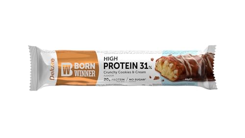 BornWinner High Protein Riegel, Delux Crunchy Cookies & Cream, 31 Prozent Eiweißgehalt, 20 g Protein pro Riegel, ohne Zuckerzusatz, 12x64g BornWinner High Protein Riegel, Delux Crunchy Cookies & Cream, 31 Prozent Eiweißgehalt, 20 g Protein pro Riegel, ohne Zuckerzusatz, 12x64g von Born Winner