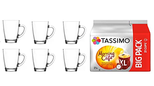 Tassimo Morning Café XL, Kaffee Kapseln + 4 Glastassen mit Henkel 300cc sortiert von Bosch