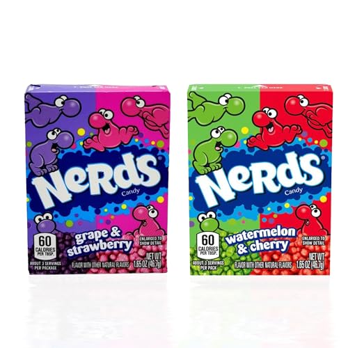 Wonka Nerds Duo-Pack: Wild Cherry & Watermelon und Grape & Strawberry | Knusprige Zuckerdragees, 2x klassische Geschmackskombinationen, 2x 46g Packung + GETZH ThankYou Sticker von Bossjuice