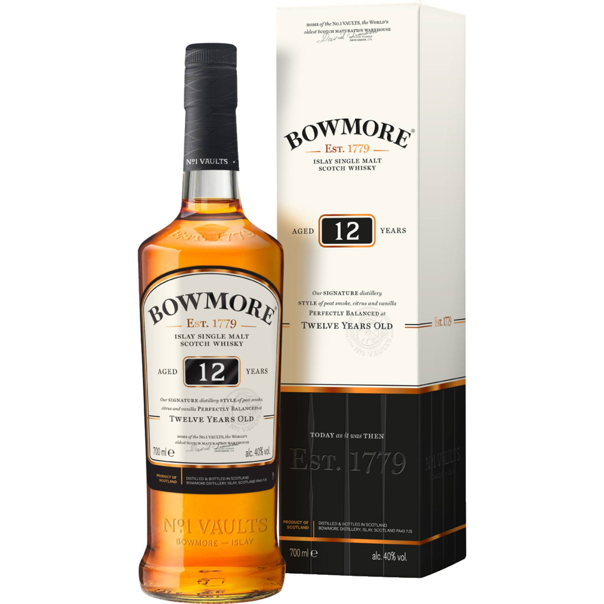Bowmore 12 Years Isle of Islay Single Malt Whisky, Scotch, 0,7 L, 40% Vol., Schottland, Spirituosen von Bowmore Distillery, School St, Bowmore Isle of Islay, Argyll PA43 7JS, United Kingdom