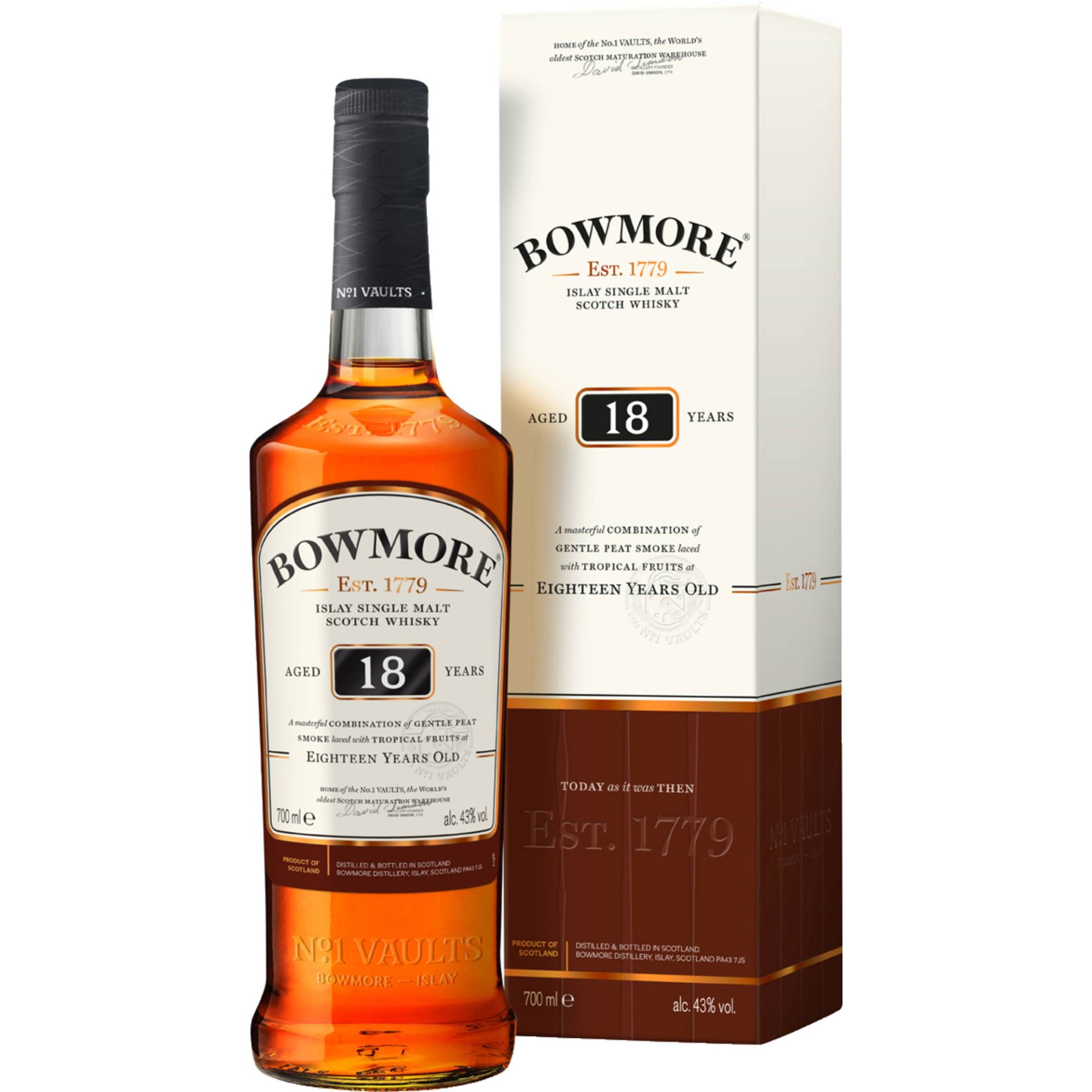 Bowmore 18 Years Islay Single Malt Scotch Whisky, 43 % vol. 0,7 L, Schottland, Spirituosen von Bowmore Distillery, School St, Bowmore Isle of Islay, Argyll PA43 7JS, United Kingdom