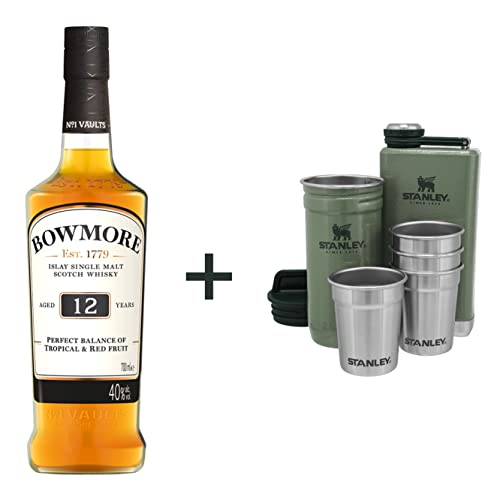 Bowmore 12 Jahre Single Malt Scotch Whisky 700ml + Stanley Adventure Pre-Party Set - 6-Teiliges Flachmann & Schnapsgläser Set - Whisky Geschenkset - Whiskey Geschenke für Männer von Bowmore