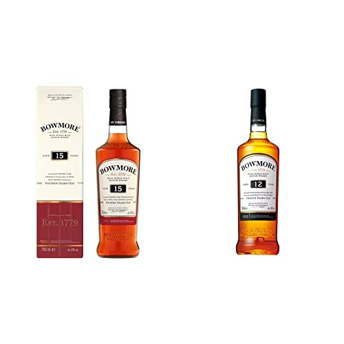 Bowmore 15 Jahre Islay Single Malt Scotch Whisky, mit Geschenkverpackung, rauchig mit einem Hauch von Sherry, 43% Vol, 1x0,7l & 12 Jahre Single Malt Scotch Whisky, Geschenkverpackung, 40% Vol, 1x0,7l von Bowmore
