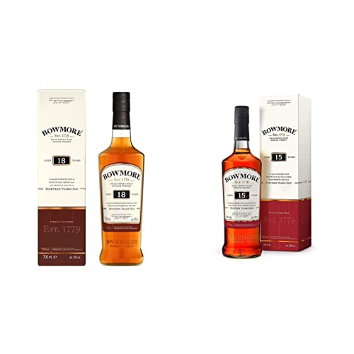 Bowmore 18 Jahre, Islay Single Malt Scotch Whisky, 43% Vol, 700ml & 15 Jahre, Islay Single Malt Scotch Whisky, mit Geschenkverpackung, rauchig mit einem Hauch von Sherry, 43% Vol, 700ml von Bowmore