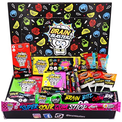 Brain Blasterz Sour Candy klein Geschenkbox, Brain Breakerz, Kauriegel, Lollipops, Sauerkergummi, Apfel, Erdbeere, Wassermelone, Cola, Zitrone, Orange, Halloween Süßigkeiten von Brain Blasterz