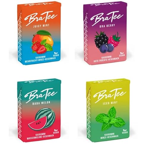 BraTee Vegan Kaugummi alle vier Sorten Mixset Probierset (4 x 23,5g) von Bratee