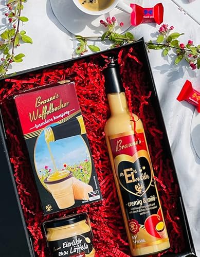 Braune's Eierlikör Geschenkbox -"Zeit zum Löffeln", 1 x 0,5 Ltr. Eierlikör Klassik "Mein Eierlikör" Etikett, 1 x 0,2 Ltr. Glas Eierlikör zum Löffeln, 16 Waffelbecher - hochwertige Box mit Kunstgras von Braune's