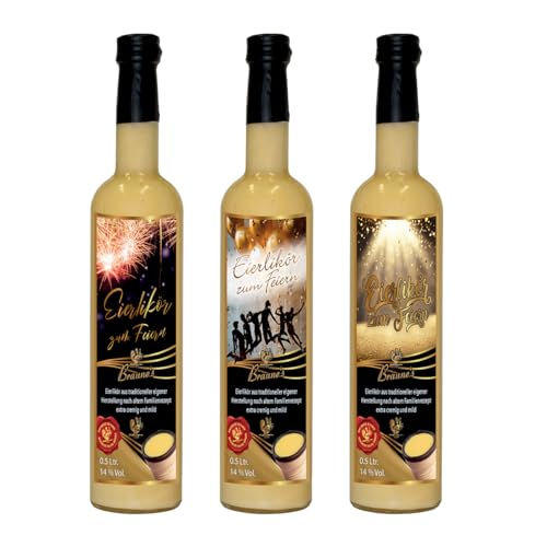 Braune’s Eierlikör Klassik – 3 Flaschen à 0,5 L (14% vol.) mit "Eierlikör zum Feiern" Etikett – Ideal für Party, Geburtstag & Silvester – Cremig & Mild Braune’s Eierlikör Klassik – 3 Flaschen à 0,5 L (14% vol.) mit "Eierlikör zum Feiern" Etikett – Ideal für Party, Geburtstag & Silvester – Cremig & Mild von Braune's