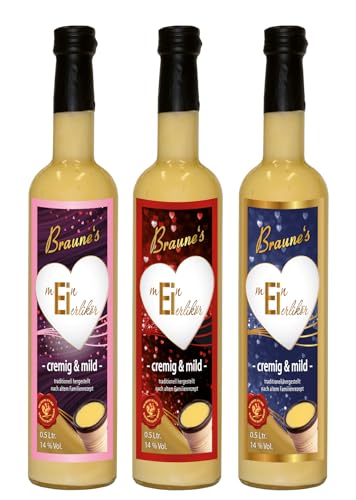 Braune’s Eierlikör Klassik – 3 Flaschen à 0,5 L (14% vol.) mit "Mein Eierlikör" Etikett – Cremig & Mild – Ideal als Geschenk oder Mitbringsel Braune’s Eierlikör Klassik – 3 Flaschen à 0,5 L (14% vol.) mit "Mein Eierlikör" Etikett – Cremig & Mild – Ideal als Geschenk oder Mitbringsel von Braune's