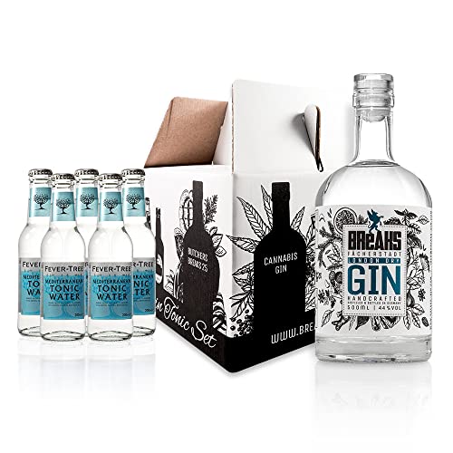 Breaks PREMIUM DRY Gin I London Dry Gin mit Lavendel & frischen Zitronen I Geschmack: Mild mit fruchtiger Note I Handgemacht in Deutschland I Gin Tonic Set mit 0,5 L Gin & 5 Flaschen Tree Tonic Water von Breaks