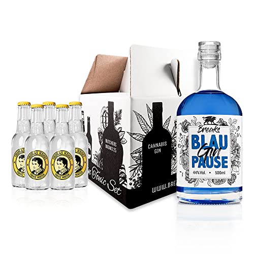 Breaks BLAU PAUSE Gin I Einzigartiger blauer Gin mit Lavendel & frischen Zitronen I Mild mit fruchtiger Note I Handgemacht in Deutschland I Set mit 0,5 L Gin & 5 Flaschen Thomas Henry Tonic Water von Breaks