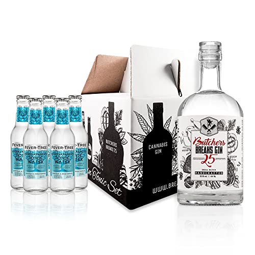 Breaks BUTCHERS Gin 25 – Genießer Set I Premium Gin mit 25 verschiedenen Botanicals + 5 Flaschen Fever Tree Tonic Water I Gin Geschenkset I Exklusiver Gin – Handgemacht in Deutschland I 44% vol. von Breaks