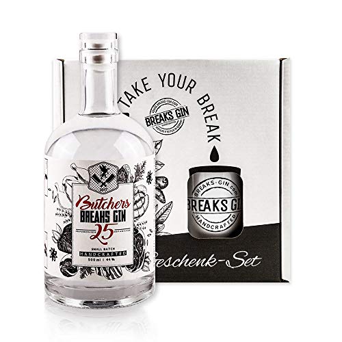 Breaks BUTCHERS Gin 25 I Premium Gin mit 25 verschiedenen Botanicals I Geschmack: Kräftig mit einzigartigen Aromen I Exklusiver Gin – Handgemacht in Deutschland I Geschenkset mit Tasse und 0,5 L Gin von Breaks