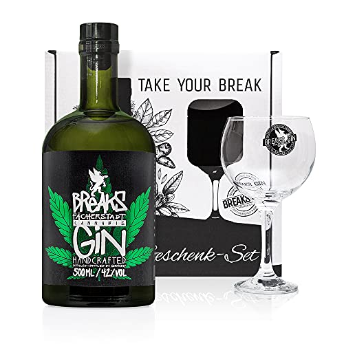 Breaks CANNABIS Gin I Premium Gin mit Hanfblüten & Hanfblättern I Geschmack: Kräftig mit aromatischer Kräuternote I Exklusiver Gin I Genießer-Set mit Glas und 0,5 L Gin I Handgemacht in Deutschland von Breaks