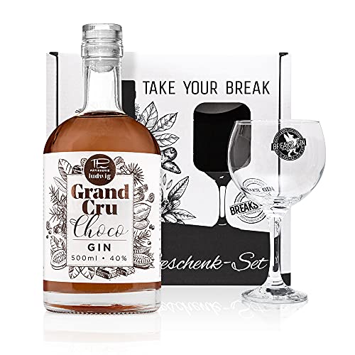 Breaks GRAND CRU CHOCO Gin I Premium Gin mit Valrhona Grand Cru Kakaobohnen aus Madagaskar I Geschmack: Mild mit schokoladiger Note I Handgemacht in Deutschland I Geschenkset mit Glas + 0,5 L Gin von Breaks