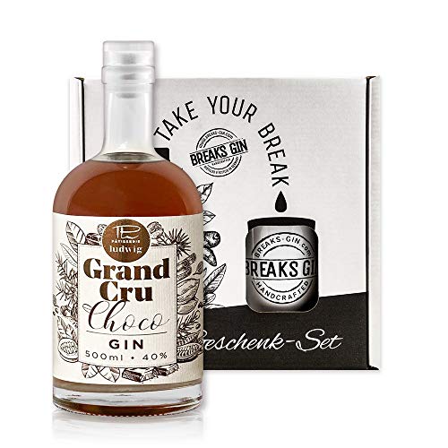 Breaks GRAND CRU CHOCO Gin I Premium Gin mit Valrhona Grand Cru Kakaobohnen aus Madagaskar I Geschmack: Mild mit schokoladiger Note I Handgemacht in Deutschland I Set mit Tasse + 0,5 L Gin von Breaks