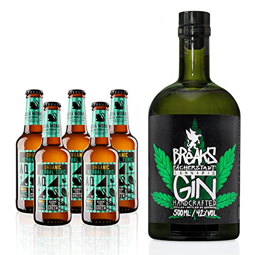 Breaks CANNABIS Gin – Genießer Set I Premium Gin mit Hanfblüten & Hanfblättern + 5 Flaschen Aqua Monaco Tonic Water I Gin Geschenkset I Exklusiver Gin – Handgemacht in Deutschland I 42% vol. von Breaks