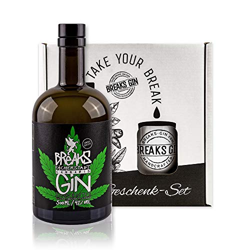 Breaks CANNABIS Gin I Premium Gin mit Hanfblüten & Hanfblättern I Geschmack: Kräftig mit aromatischer Kräuternote I Exklusiver Gin - Handgemacht in Deutschland I Geschenkset mit Tasse und 0,5 L Gin von Breaks