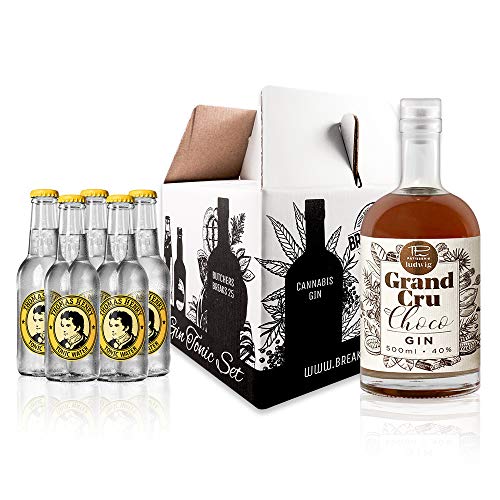 Breaks GRAND CRU CHOCO Gin I Valrhona Grand Cru Kakaobohnen aus Madagaskar I Schokoladige Note I Handgemacht in Deutschland I Gin Tonic Set mit 0,5 L Gin und 5 Flaschen Thomas Henry Tonic Water von Breaks