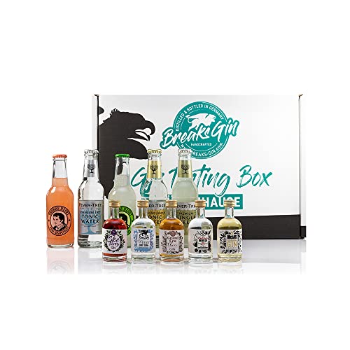 Breaks Gin Tasting Box 2 I Gin Geschenkbox mit 5 Gin Sorten (à 50ml) + 3 Tonic Water + 1 Ginger Beer + 1 Bitter Lemon (à 200ml) I Gin Probierset mit exklusivem Gin – Handgemacht in Deutschland von Breaks