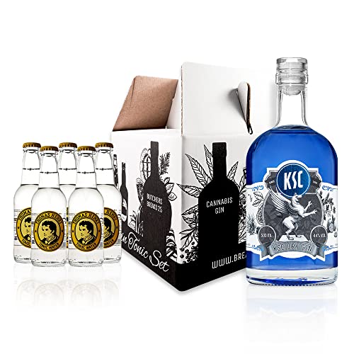 Breaks KSC Gin I Einzigartiger blauer Gin mit Lavendel & frischen Zitronen I Geschmack: Mild mit fruchtiger Note I Handgemacht in Deutschland I Set mit 0,5 L Gin + 5 Flaschen Thomas Henry Tonic Water von Breaks