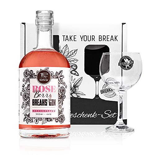 Breaks ROSE BERRY Gin I Premium Gin mit Himbeeren, Rosen & Litschis I Geschmack: Fruchtig, frisch mit rosigem Bouquet I Exklusiver Gin – Handgemacht in Deutschland I Geschenkset mit Glas & 0,5 L Gin von Breaks