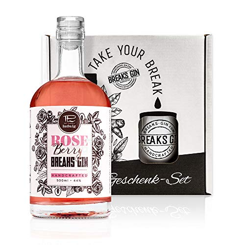 Breaks ROSE BERRY Gin I Premium Gin mit Himbeeren, Rosen & Litschis I Geschmack: Fruchtig, frisch mit rosigem Bouquet I Exklusiver Gin – Handgemacht in Deutschland I Geschenkset mit Tasse & 0,5 L Gin von Breaks