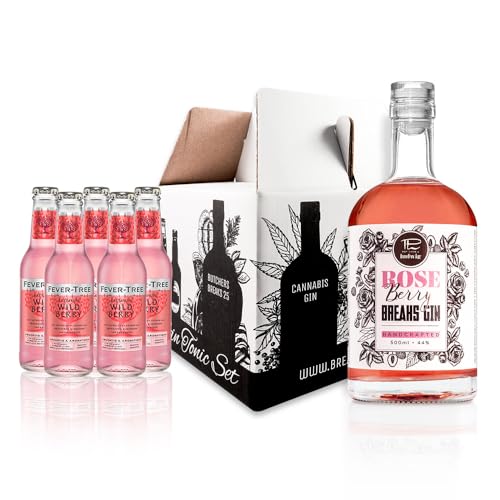 Breaks ROSE BERRY Gin I Premium Gin mit Himbeeren, Rosen & Litschis I Geschmack: Fruchtig, frisch mit rosigem Bouquet I Handgemacht in Deutschland I Set mit 0,5 L Gin + 5 Flaschen Fever Tree Tonic von Breaks