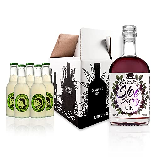 Breaks SLOE BERRY Gin I Premium Gin mit Kirschen & Pflaumen I Geschmack: Mild-herb mit fruchtiger Note I Handgemacht in Deutschland I Set mit 0,5 L Gin + 5 Flaschen Thomas Henry Bitter Lemon von Breaks