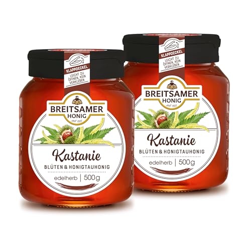 Breitsamer Honig Kastanie edel 2 x 500g - Flüssiger Kastanienhonig, herb würzig im Geschmack mit praktischem Klappdeckel (2 x 500g) von Breitsamer