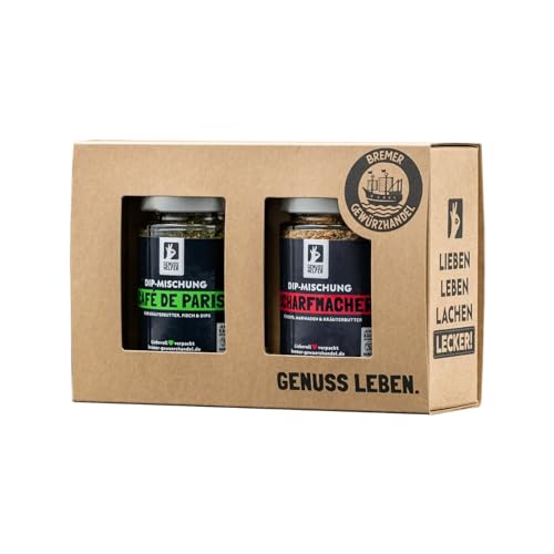 Bremer Gewürzhandel Dip-Set, 2 verschiedene Gewürzmischungen für Dips in Gläsern, scharfer Dip, Kräuterbutter und Kräuterquark zum selber machen, 150g Bremer Gewürzhandel Dip-Set, 2 verschiedene Gewürzmischungen für Dips in Gläsern, scharfer Dip, Kräuterbutter und Kräuterquark zum selber machen, 150g von Bremer-Gewürzhandel Genuss leben.