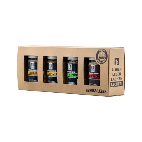 Bremer Gewürzhandel Dip-Set, 4 verschiedene Gewürzmischungen für Dips in Gläsern, in Naturkarton verpackt, scharfer Dip, Kräuterbutter und Kräuterquark zum selber machen, 335g Bremer Gewürzhandel Dip-Set, 4 verschiedene Gewürzmischungen für Dips in Gläsern, in Naturkarton verpackt, scharfer Dip, Kräuterbutter und Kräuterquark zum selber machen, 335g von Bremer-Gewürzhandel Genuss leben.
