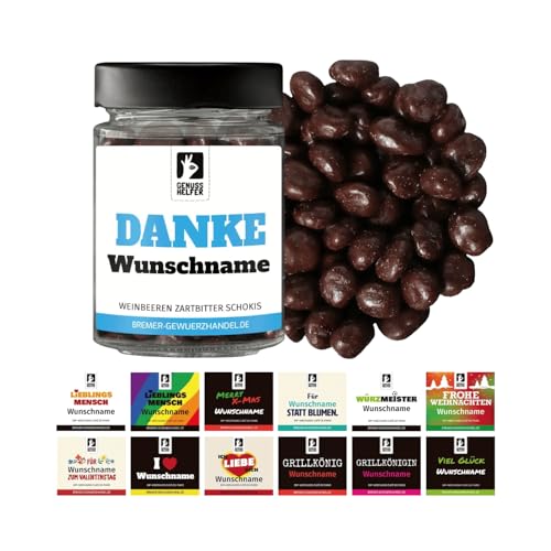 Bremer Gewürzhandel Geschenkglas mit Namen: Weinbeere Zartbitter Schokis, personalisierte Schokolade, leckeres Geschenk mit Wunschnamen, 130g Bremer Gewürzhandel Geschenkglas mit Namen: Weinbeere Zartbitter Schokis, personalisierte Schokolade, leckeres Geschenk mit Wunschnamen, 130g von Bremer-Gewürzhandel Genuss leben.