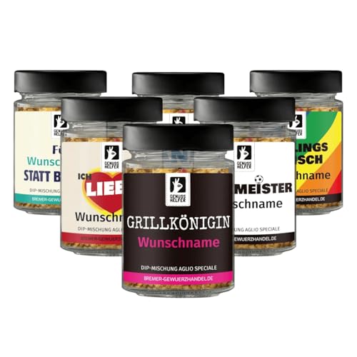 Bremer Gewürzhandel Geschenkglas mit Namen: Dip-Mischung Aglio Speciale, personalisiertes Geschenk mit Wunschnamen, 100g Bremer Gewürzhandel Geschenkglas mit Namen: Dip-Mischung Aglio Speciale, personalisiertes Geschenk mit Wunschnamen, 100g von Bremer-Gewürzhandel Genuss leben.
