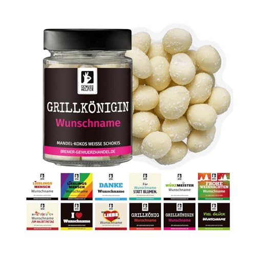 Bremer Gewürzhandel Geschenkglas mit Namen: Weiße Mandel Kokos Schokis, personalisierte Schokolade, leckeres Geschenk mit Wunschnamen, 100g Bremer Gewürzhandel Geschenkglas mit Namen: Weiße Mandel Kokos Schokis, personalisierte Schokolade, leckeres Geschenk mit Wunschnamen, 100g von Bremer-Gewürzhandel Genuss leben.