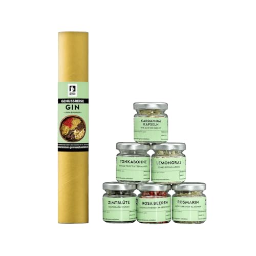 Bremer Gewürzhandel Genussreise Gin Botanicals, Gewürzset mit 6 verschiedenen Gewürzen für selbstgemachte Gin Kreationen, in wiederverwendbaren Gläsern, tolles Geschenk, 65,5g Bremer Gewürzhandel Genussreise Gin Botanicals, Gewürzset mit 6 verschiedenen Gewürzen für selbstgemachte Gin Kreationen, in wiederverwendbaren Gläsern, tolles Geschenk, 65,5g von Bremer-Gewürzhandel Genuss leben.