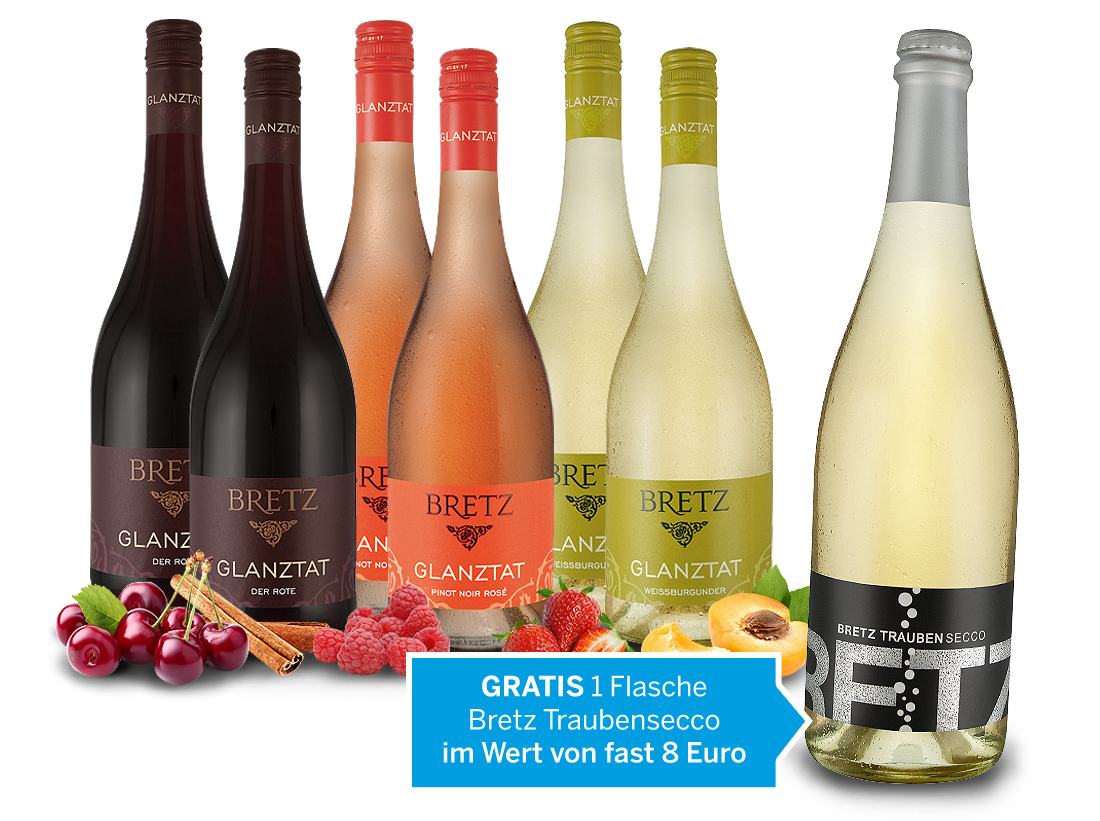 Ernst Bretz Glanztat Probierpaket mit je 2 Flaschen und gratis Traubensecco von Bretz