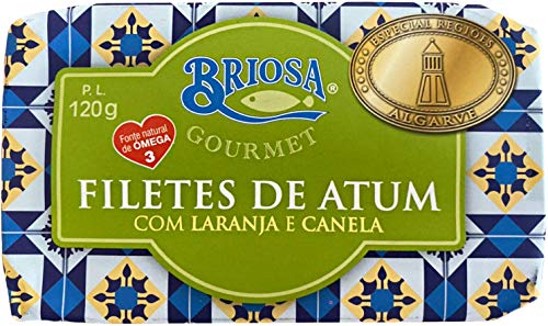 Briosa Gourmet Thunfischfilets mit Orange und Zimt in Olivenöl 120 g | Von Hand eingemacht und verpackt | Reich an Omega-3 | Portugal von Briosa Gourmet