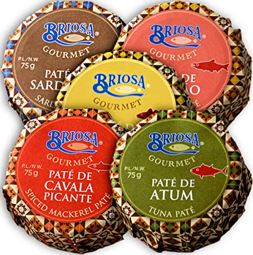 Briosa Gourmet Sardinen-, Lachs-, Makrelen-, Thunfisch- und Kabeljau-Pastete 5 x 75 g| Fischpaste | Fisch-Brotaufstrich | Von Hand eingemacht und verpackt | Reich an Omega-3 | Portugal von Briosa Gourmet