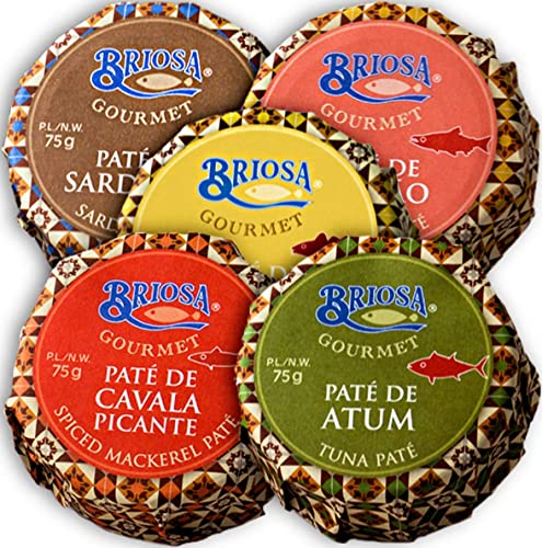 Briosa Gourmet Sardinen-, Lachs-, Makrelen-, Thunfisch- und Kabeljau-Pastete 5 x 75 g| Fischpaste | Fisch-Brotaufstrich | Von Hand eingemacht und verpackt | Reich an Omega-3 | Portugal Briosa Gourmet Sardinen-, Lachs-, Makrelen-, Thunfisch- und Kabeljau-Pastete 5 x 75 g| Fischpaste | Fisch-Brotaufstrich | Von Hand eingemacht und verpackt | Reich an Omega-3 | Portugal von Briosa Gourmet