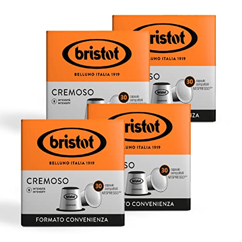 Bristot, Cremig – 120 Kapseln kompatibel mit Nespresso – Kaffeemischung aus Brasilien, Indien und Südostasien, Toastbrot und Getreidenoten – 4 Packungen pro 30 Kapseln Bristot, Cremig – 120 Kapseln kompatibel mit Nespresso – Kaffeemischung aus Brasilien, Indien und Südostasien, Toastbrot und Getreidenoten – 4 Packungen pro 30 Kapseln von Bristot