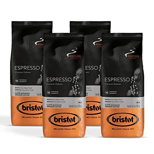 Bristot, Gemahlener Kaffee ESPRESSO – Insgesamt 1 kg – Kaffeepulver für Moka, Mischung mit kräftigem Charakter und starkem Geschmack, mittlere Röstung – Set mit 4 pro 250 g Bristot, Gemahlener Kaffee ESPRESSO – Insgesamt 1 kg – Kaffeepulver für Moka, Mischung mit kräftigem Charakter und starkem Geschmack, mittlere Röstung – Set mit 4 pro 250 g von Bristot