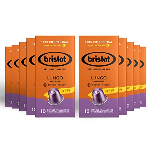 Bristot, langer Amerikanischer Kaffee – 100 Kapseln kompatibel mit Nespresso – Kaffeemischung aus Mittelamerika und Brasilien – 10 Packungen pro 10 Aluminium-Kapseln mit Noten von Kakao und Gerste. Bristot, langer Amerikanischer Kaffee – 100 Kapseln kompatibel mit Nespresso – Kaffeemischung aus Mittelamerika und Brasilien – 10 Packungen pro 10 Aluminium-Kapseln mit Noten von Kakao und Gerste. von Bristot