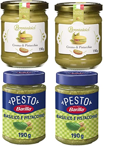 2x Brontedolci Crema Spalmabile di Pistacchio Streichfähige Pistaziencreme 190g in Glas aus Sizilien mit 40,5% Pistazie +Pesto Basilico e Pistacchio Pesto mit Basilikum und Pistazien 190g von Brontedolci