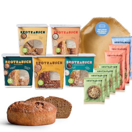 Brotrausch Dinkelbrot Brotbackmischung (5 x 400g) – inkl. Brotbackform aus Holz - natürlich, vegan und ohne Chemie - mit Dinkel, Roggen & Vollkorn, Brot backen von Brotrausch