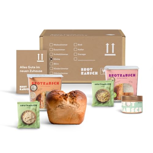 BROTRAUSCH Einzugsgeschenk für Haus und Wohnung | Brot und Salz Geschenk zum Einzug im originellen Umzugskarton, Einweihungsgeschenk mit Brotbackmischung und Salz, Richtfest von Brotrausch