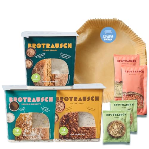 Brotrausch Brotbackmischung Kennenlernpaket Brot backen (3 x 400g) – inkl. Backform, Teigzugaben & Toppings - natürlich, vegan, mit Dinkel & Vollkorn von Brotrausch