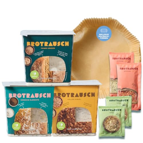 Brotrausch Brotbackmischung Kennenlernpaket Brot backen (3 x 400g) – inkl. Brotbackform, Teigzugaben & Toppings - natürlich, vegan, mit Dinkel & Vollkorn von Brotrausch