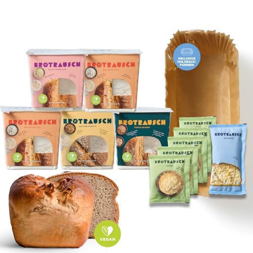 Brotrausch Brotbackmischung Pausenbrotpaket Brot backen (5 x 400g) – inkl. Backform, Teigzugaben & Toppings - natürlich - mit Dinkel, Roggen, Vollkorn von Brotrausch